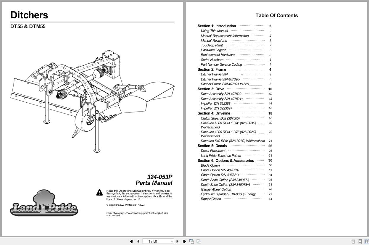 Land Pride Ditcher DT55 DTM55 Parts Manual 324 053P (1)
