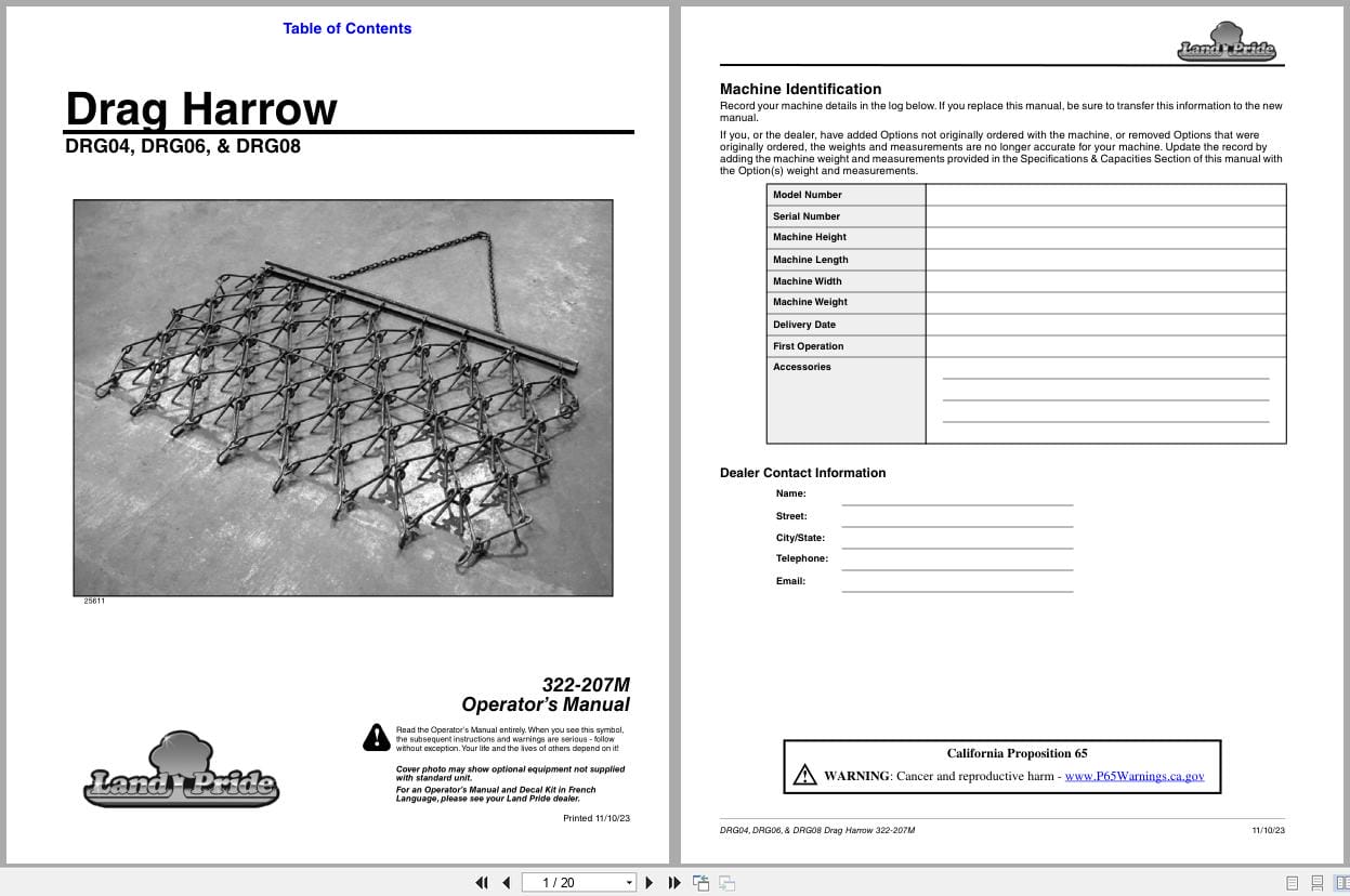 Land Pride Drag Harrows DRG04 DRG06 DRG08 Operation Manual 322 207M (1)