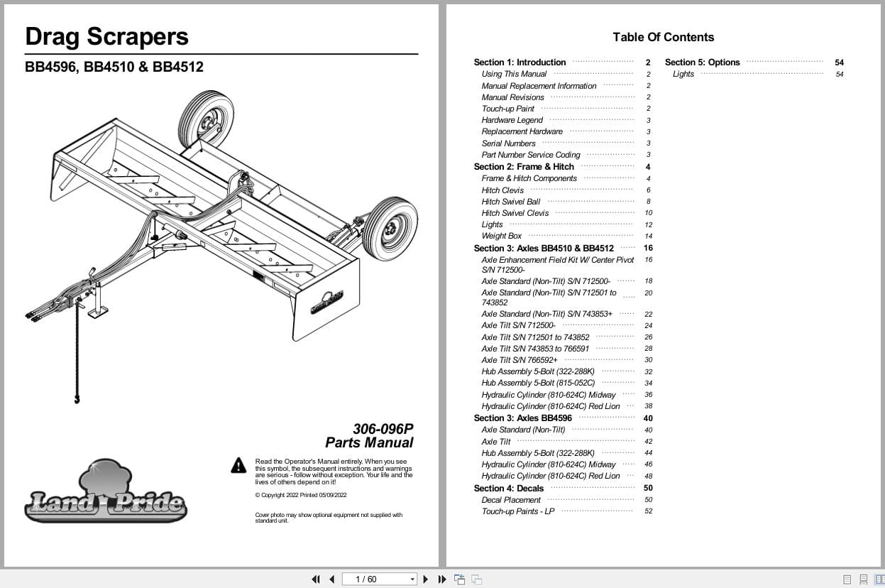 Land Pride Drag Scrapers BB4596 BB4510 BB4512 Parts Manual 306 096P (1)