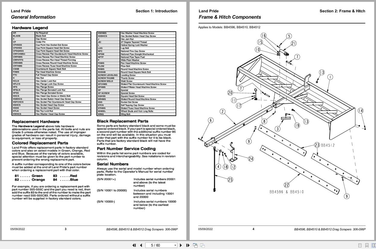 Land Pride Drag Scrapers BB4596 BB4510 BB4512 Parts Manual 306 096P (2)