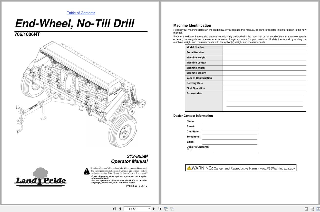 Land Pride End Wheel No Till Drill 706NT 1006NT Operator Manual 313 855M (1)