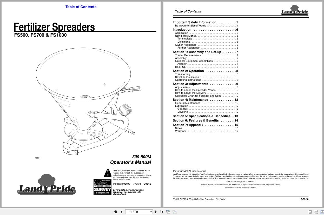 Land Pride Fertilizer Spreader FS500 FS700 FS1000 Operation Manual 309 500M (1)
