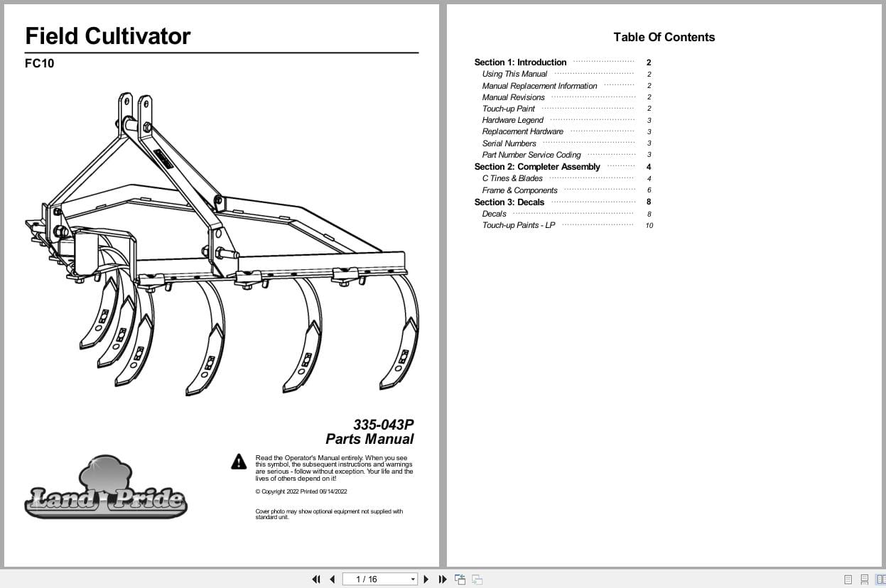 Land Pride Field Cultivators FC10 Parts Manual 335 043P (1)