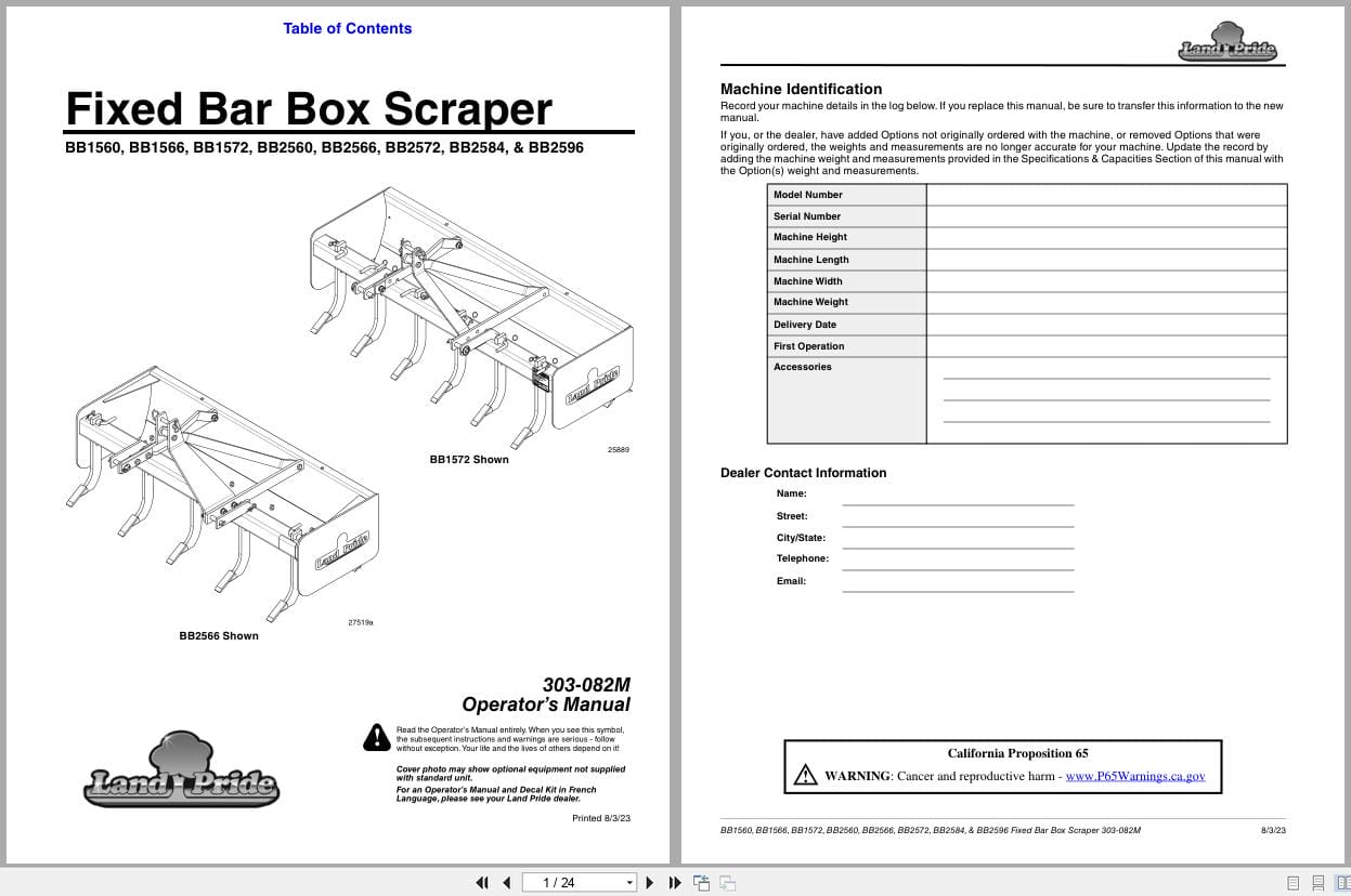 Land Pride Fixed Bar Box Scrapers BB1560 to BB2596 Operation Manual 303 082M (1)