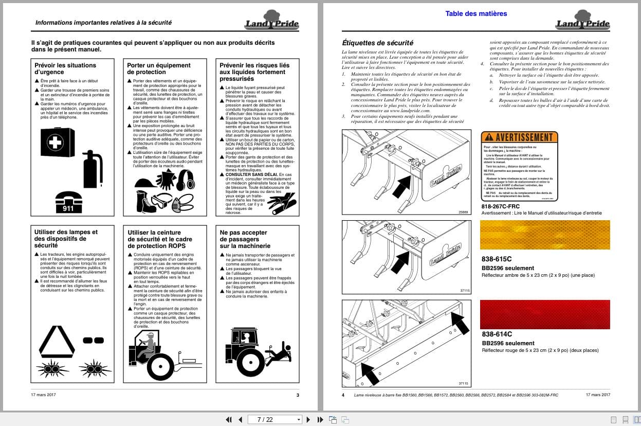 Land Pride Fixed Bar Box Scrapers BB1560 to BB2596 Operator Manual 303 082M FRC FR (2)