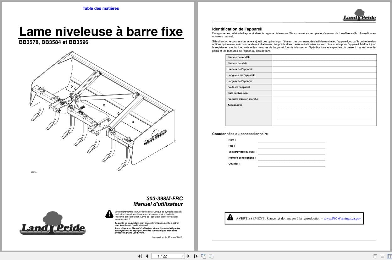 Land Pride Fixed Bar Box Scrapers BB3578 BB3584 BB3596 Operator Manual 303 398M FRC FR (1)