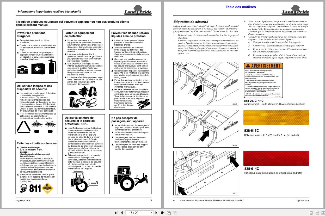 Land Pride Fixed Bar Box Scrapers BB3578 BB3584 BB3596 Operator Manual 303 398M FRC FR (2)
