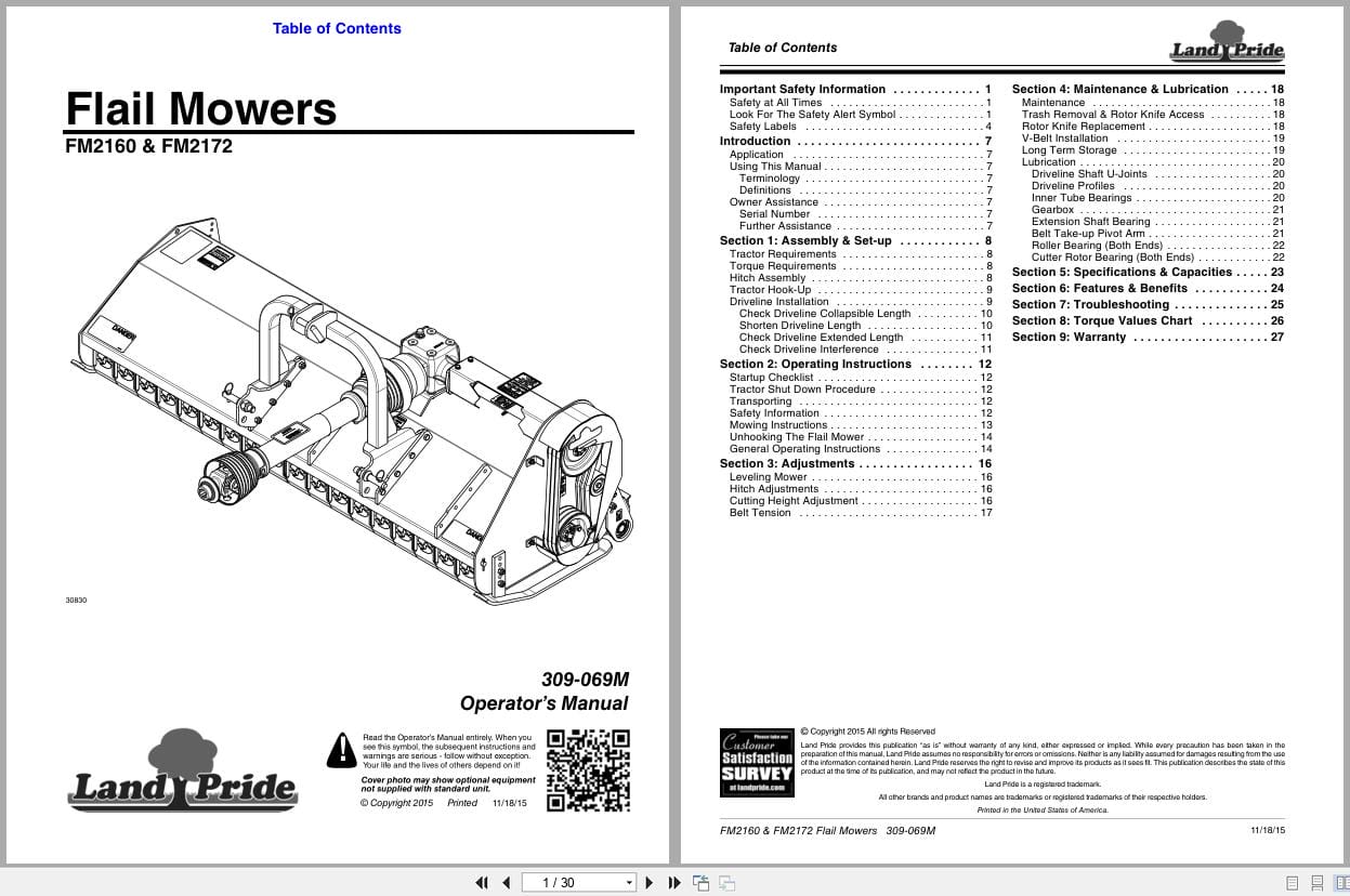 Land Pride Flail Mower FM2160 FM2172 Operation Manual 309 069M (1)