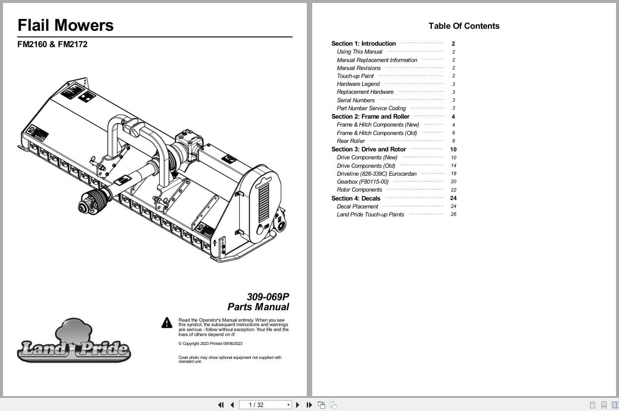 Land Pride Flail Mower FM2160 FM2172 Parts Manual 309 069P (1)