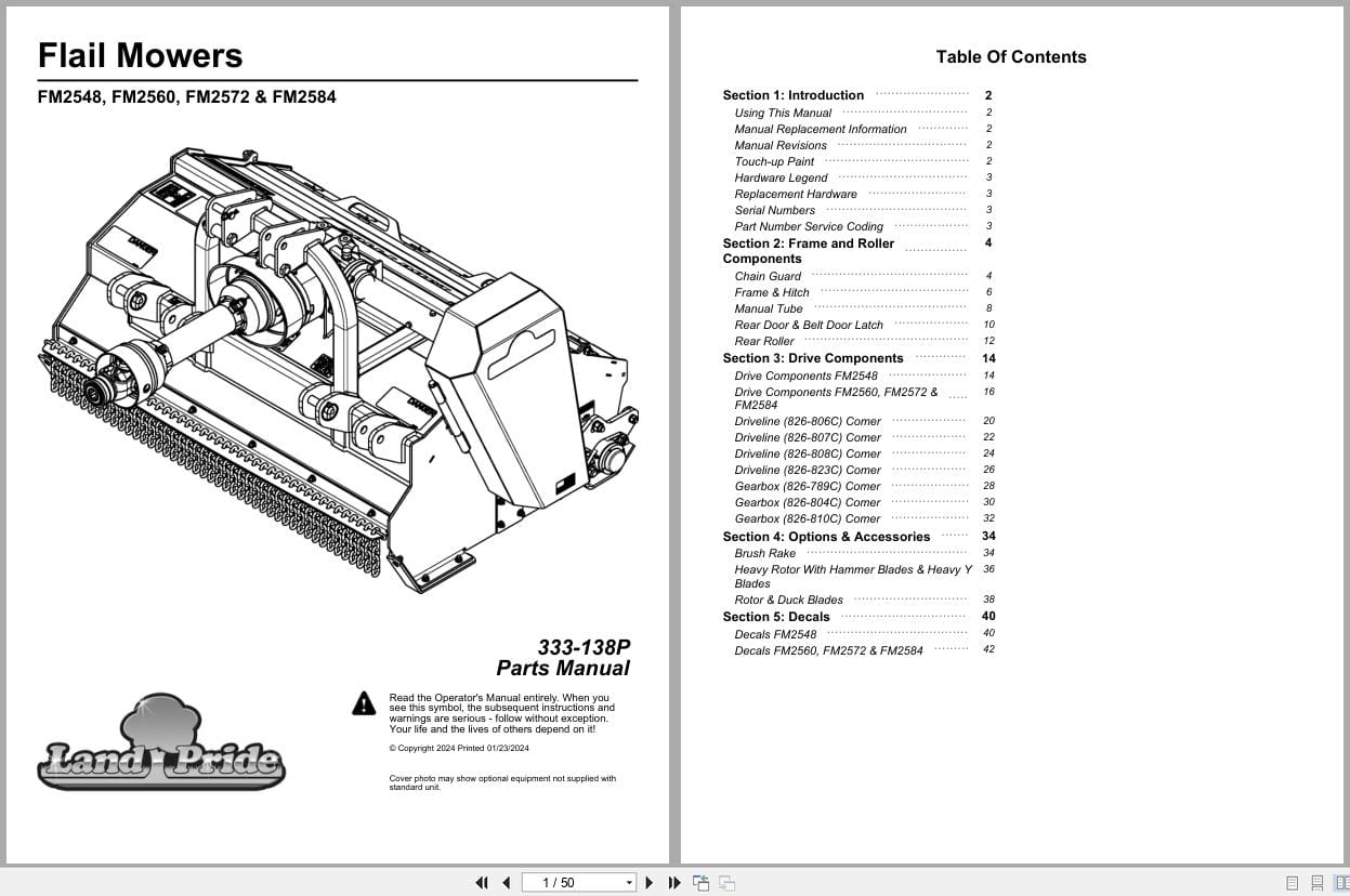 Land Pride Flail Mower FM2548 FM2560 FM2572 FM2584 Parts Manual 333 138P (1)