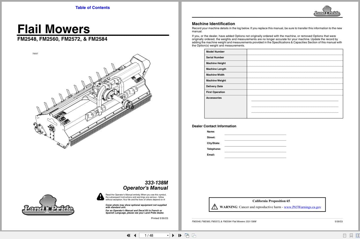 Land Pride Flail Mower FM2548 to FM2584 Operation Manual 333 138M (1)