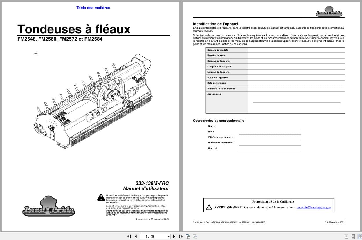 Land Pride Flail Mower FM2548 to FM2584 Operator Manual 333 138M FRC FR (1)