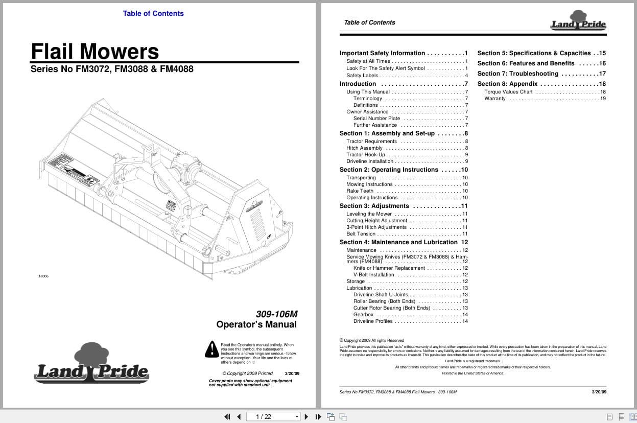 Land Pride Flail Mower FM3072 FM3088 FM4088 Series Operator Manual 309 106M (1)