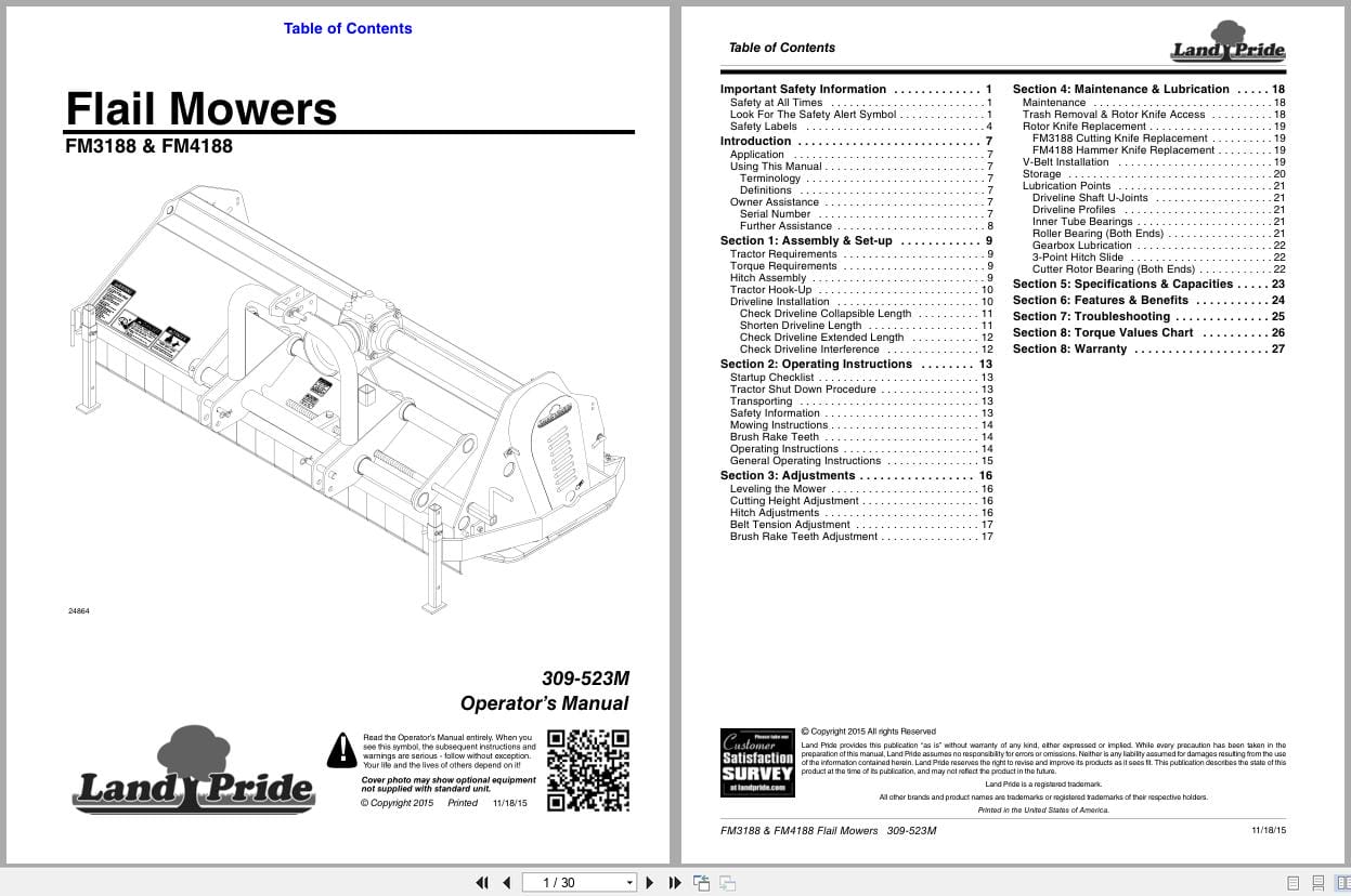 Land Pride Flail Mower FM3188 FM4188 Operation Manual 309 523M (1)