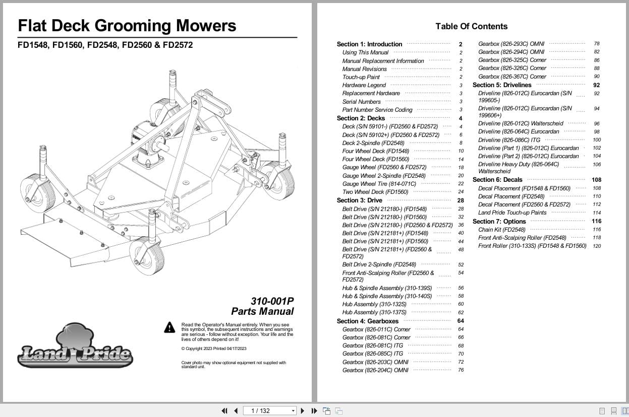 Land Pride Flat Deck Grooming Mowers FD1548 to FD2572 Parts Manual 310 001P (1)