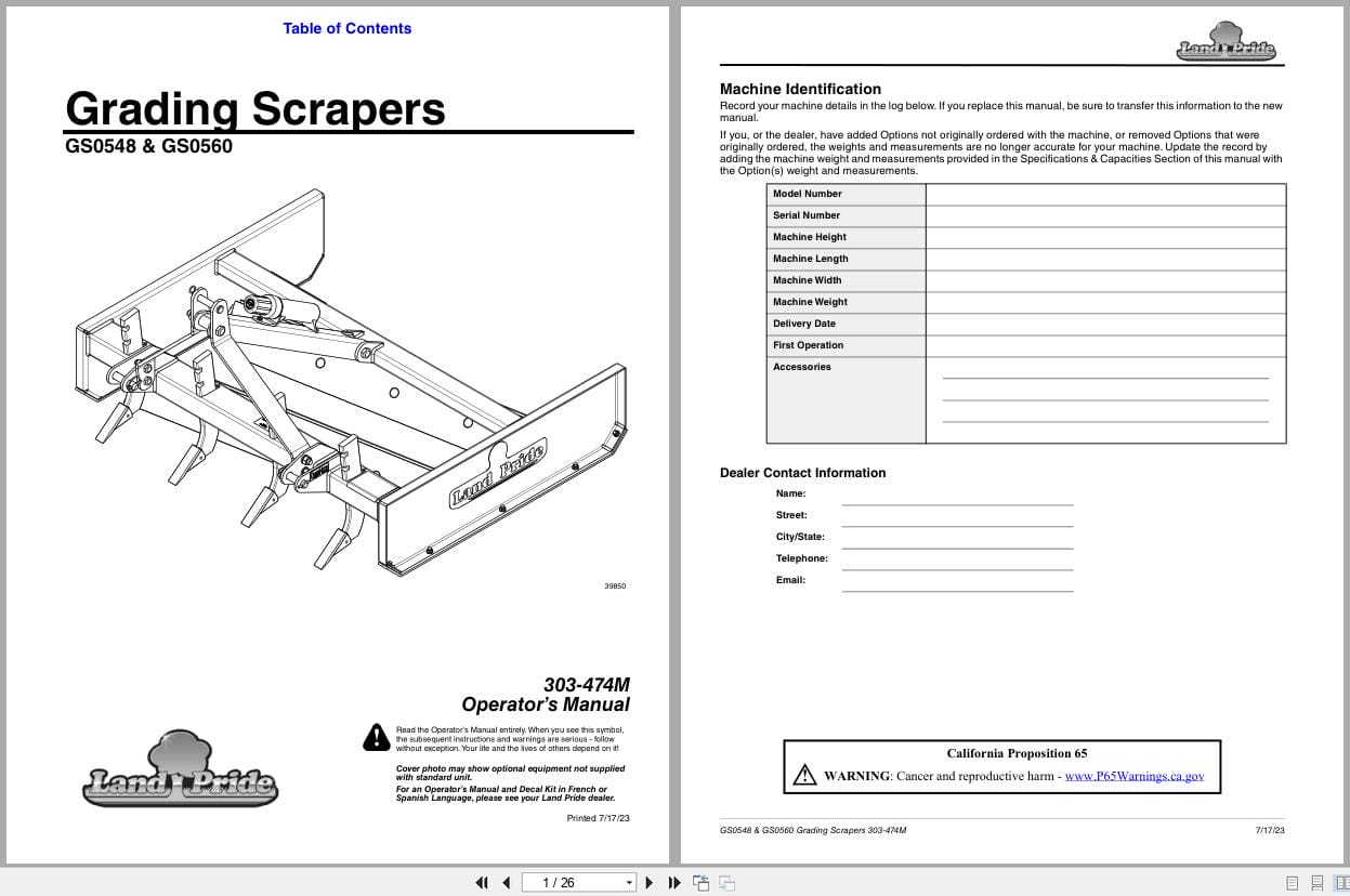 Land Pride Grading Scrapers GS0548 GS0560 Operation Manual 303 474M (1)