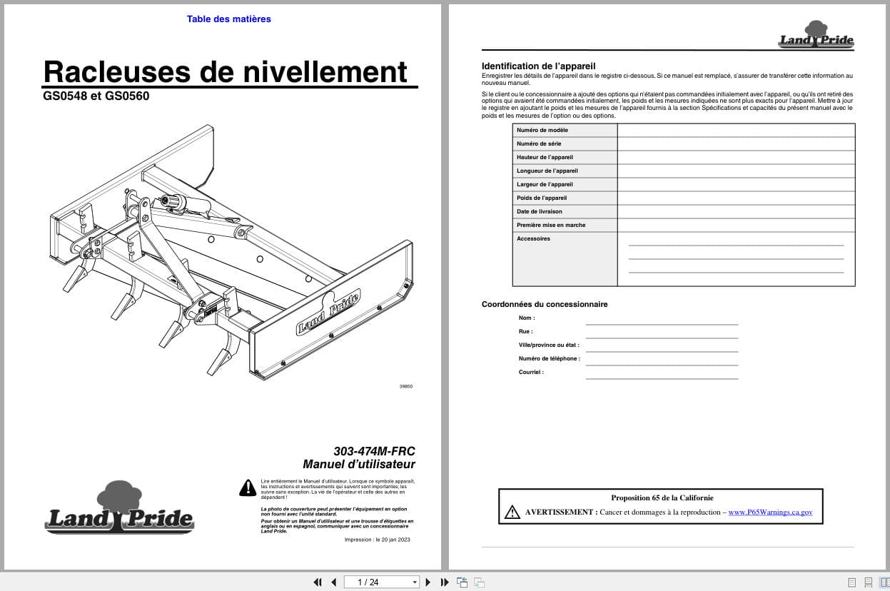 Land Pride Grading Scrapers GS0548 GS0560 Operator Manual 303 474M FRC FR (1)