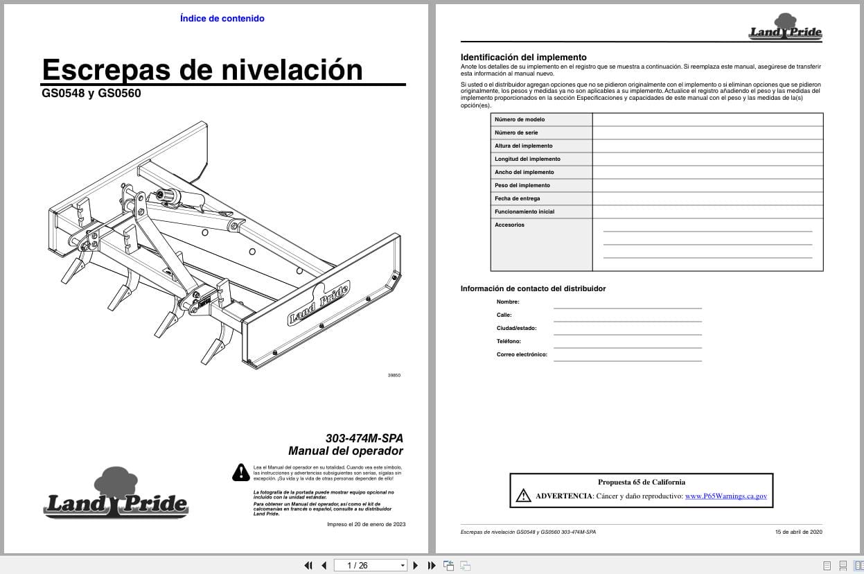 Land Pride Grading Scrapers GS0548 GS0560 Operator Manual 303 474M SPA ES (1)