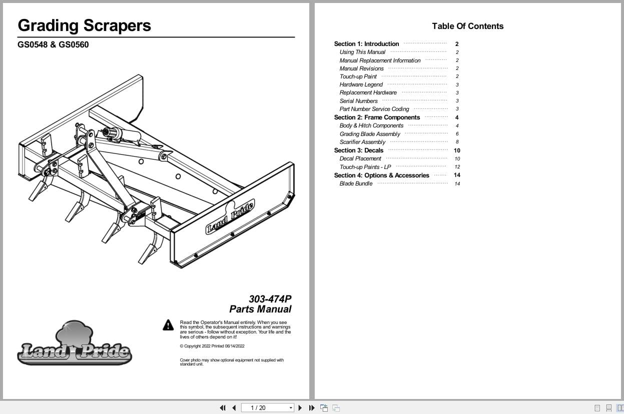 Land Pride Grading Scrapers GS0548 GS0560 Parts Manual 303 474P (1)