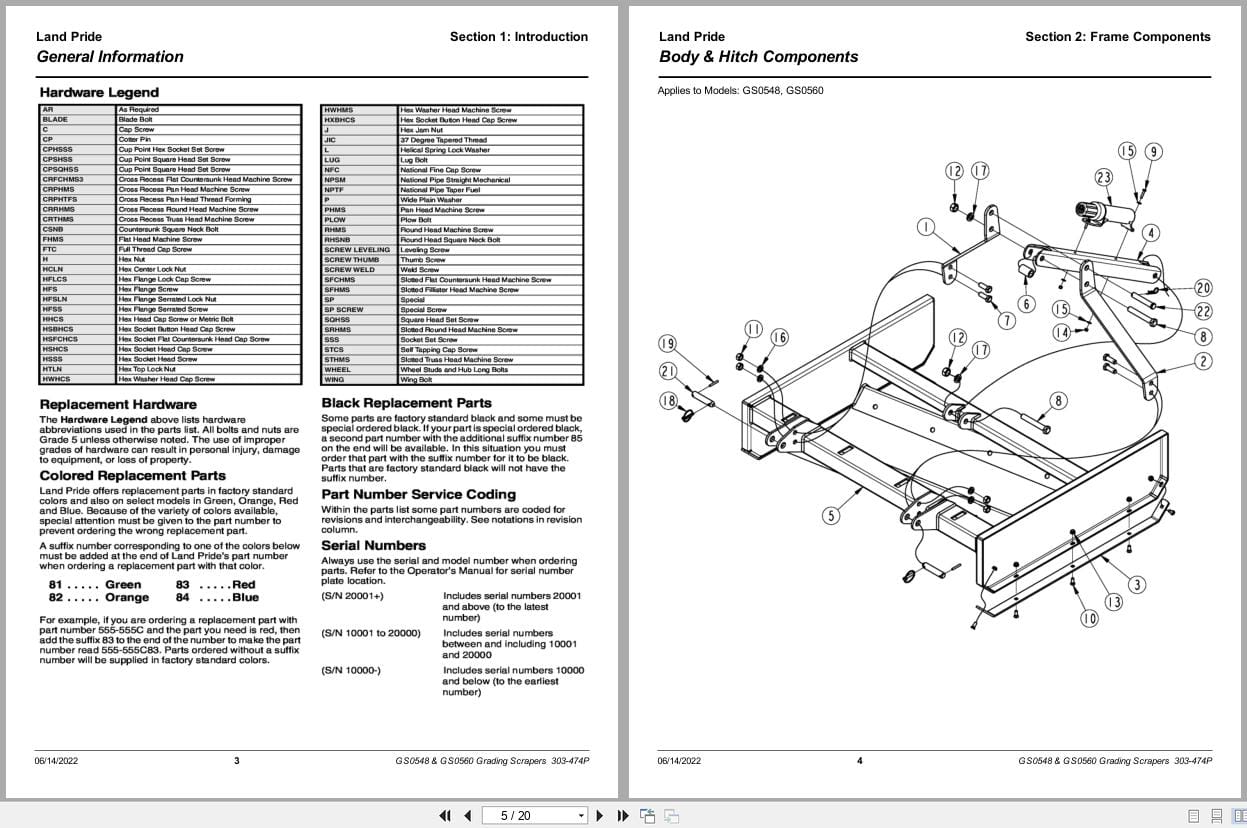 Land Pride Grading Scrapers GS0548 GS0560 Parts Manual 303 474P (2)