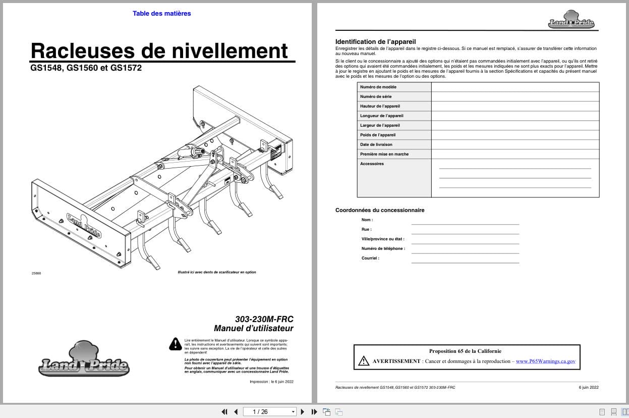 Land Pride Grading Scrapers GS1548 GS1560 GS1572 Operator Manual 303 230M FRC FR (1)