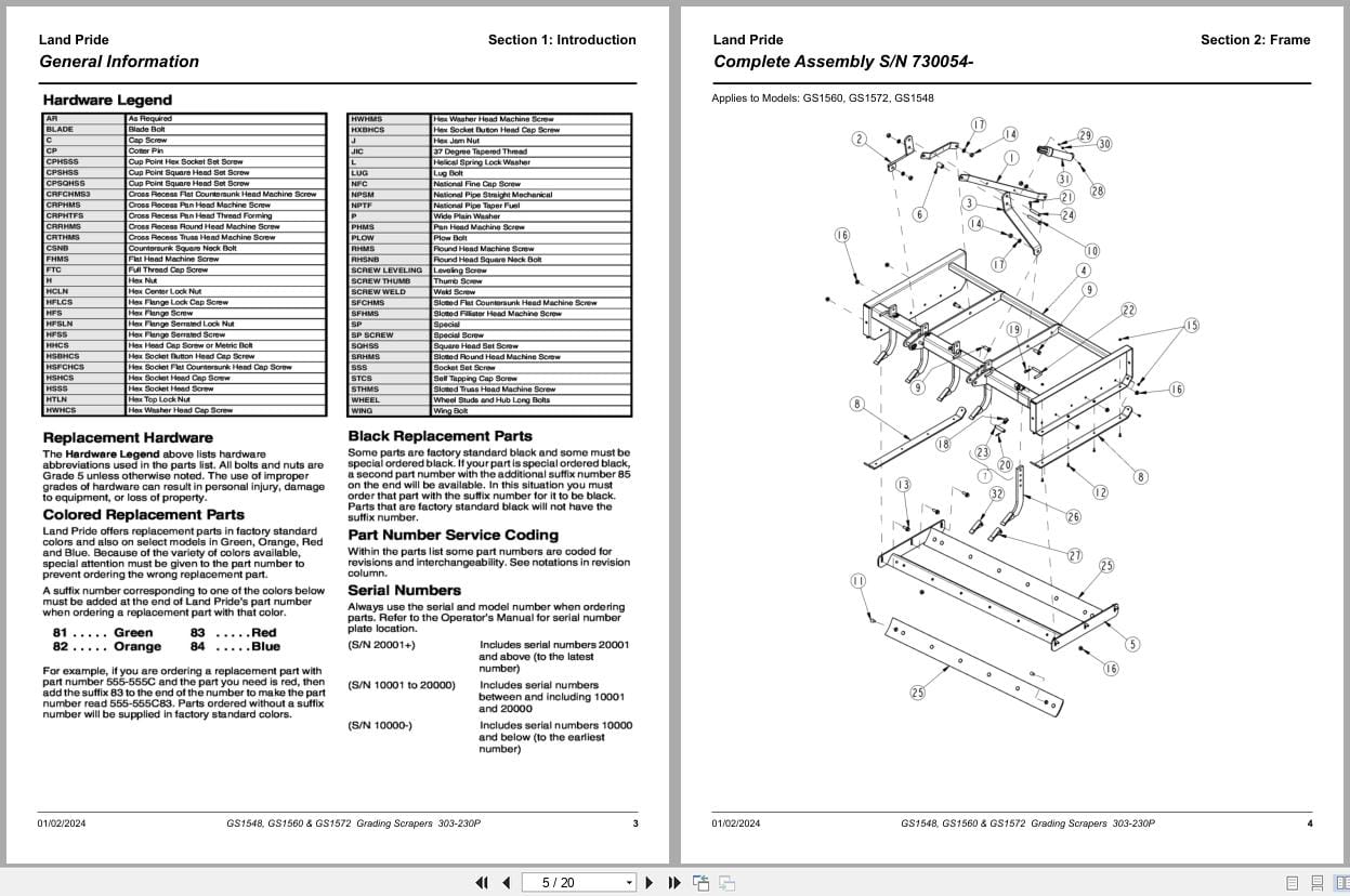 Land Pride Grading Scrapers GS1548 GS1560 GS1572 Parts Manual 303 230P (2)