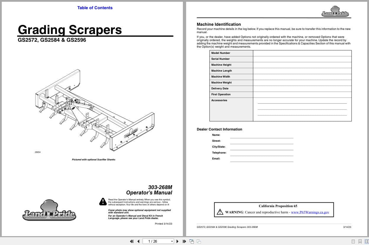 Land Pride Grading Scrapers GS2572 GS2584 GS2596 Operation Manual 303 268M (1)