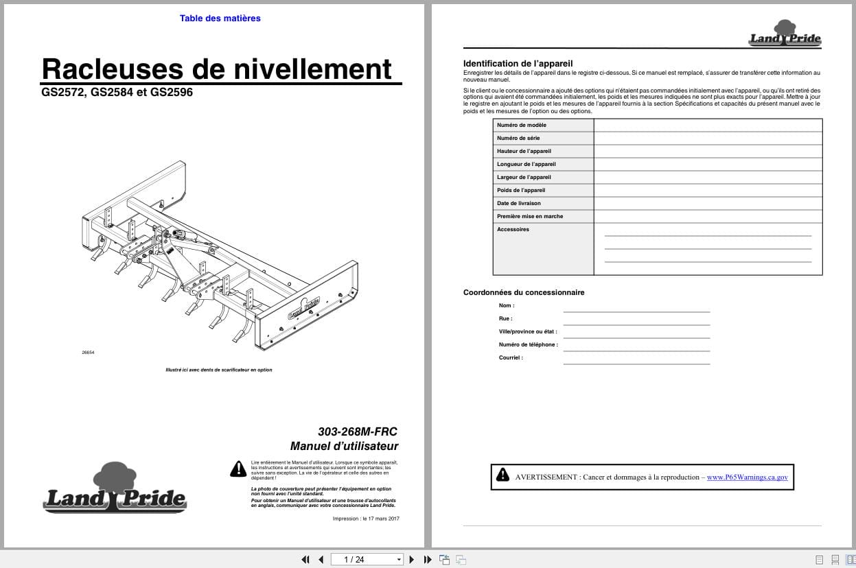 Land Pride Grading Scrapers GS2572 GS2584 GS2596 Operator Manual 303 268M FRC FR (1)