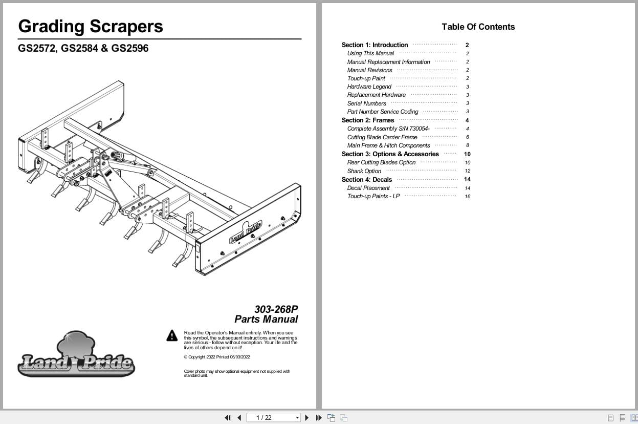 Land Pride Grading Scrapers GS2572 GS2584 GS2596 Parts Manual 303 268P (1)