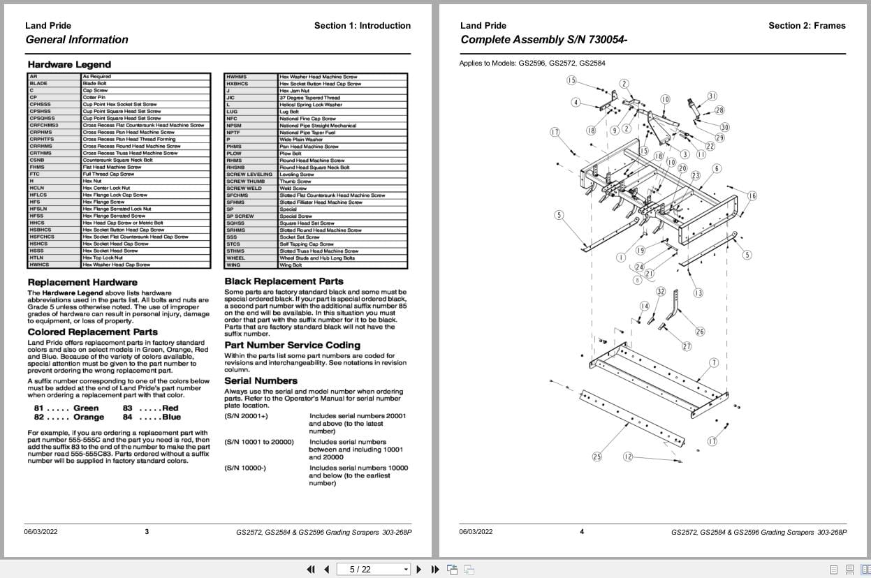 Land Pride Grading Scrapers GS2572 GS2584 GS2596 Parts Manual 303 268P (2)