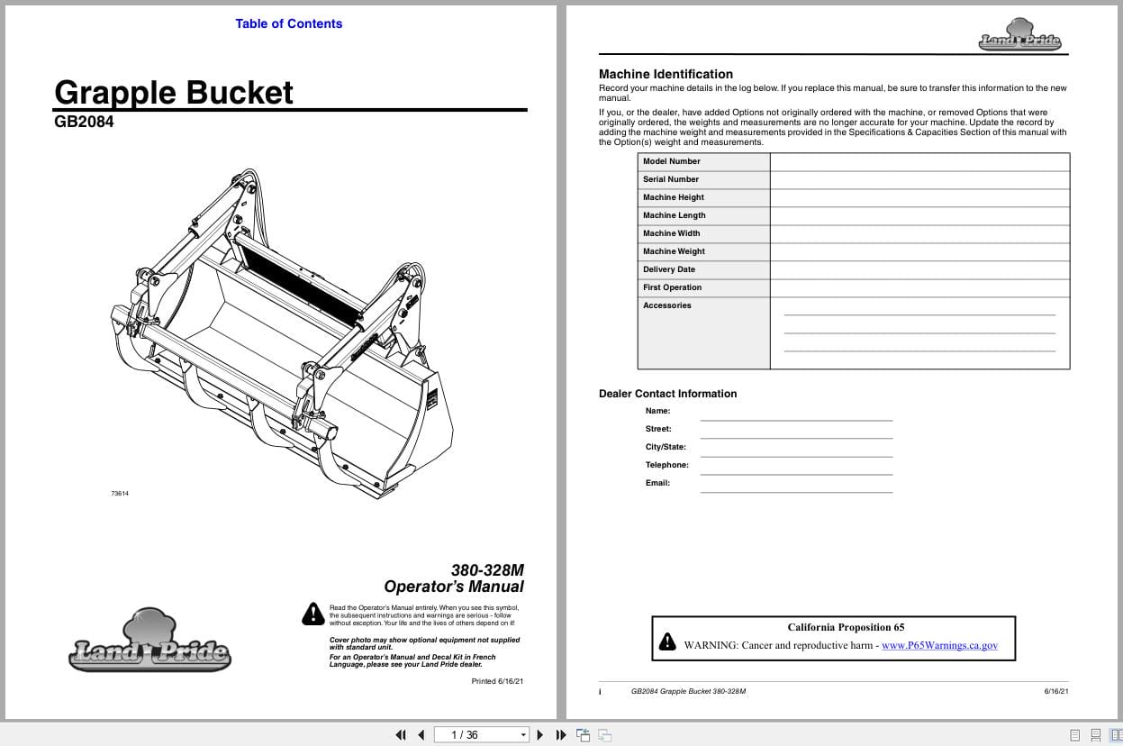 Land Pride Grapple Bucket GB2084 Operation Manual 380 328M (1)