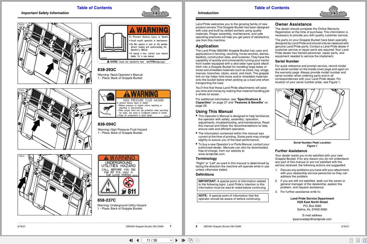 Land Pride Grapple Bucket GB2084 Operation Manual 380 328M (2)