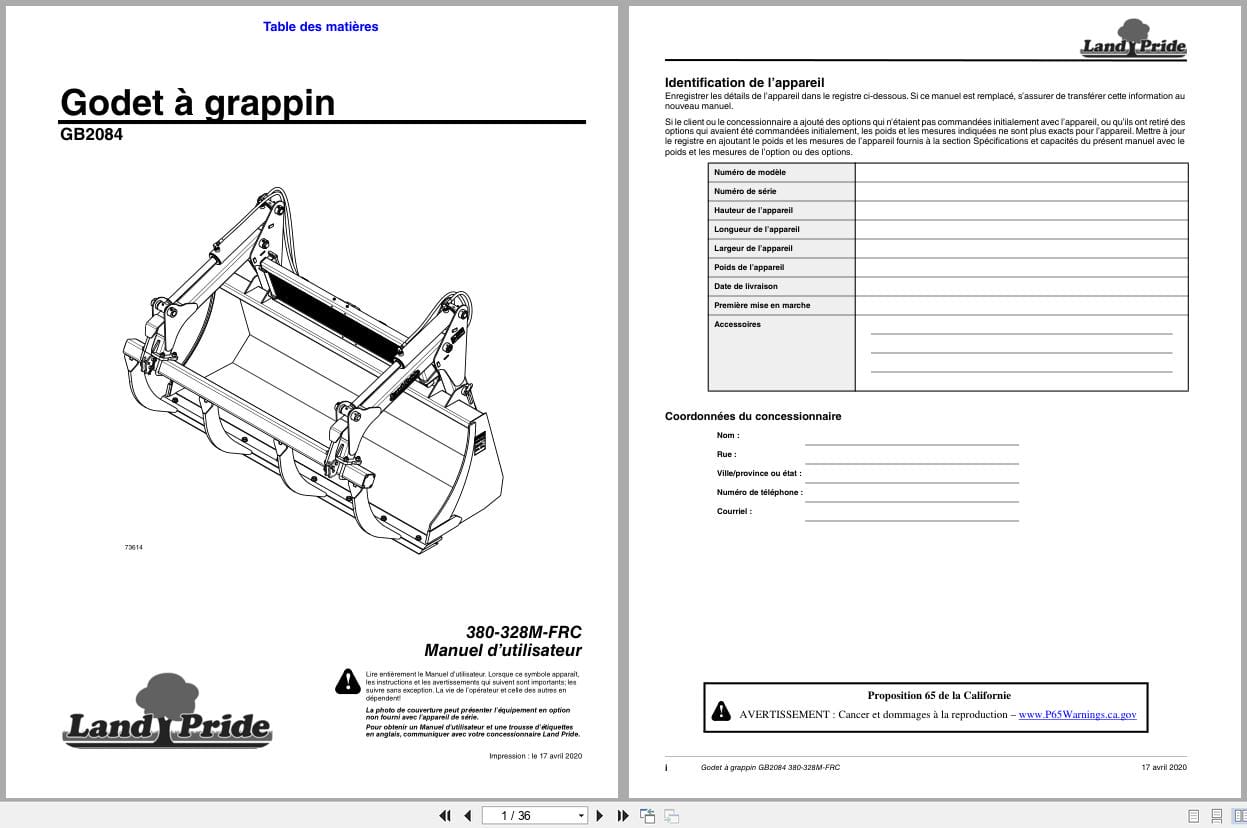 Land Pride Grapple Bucket GB2084 Operator Manual 380 328M FRC FR (1)