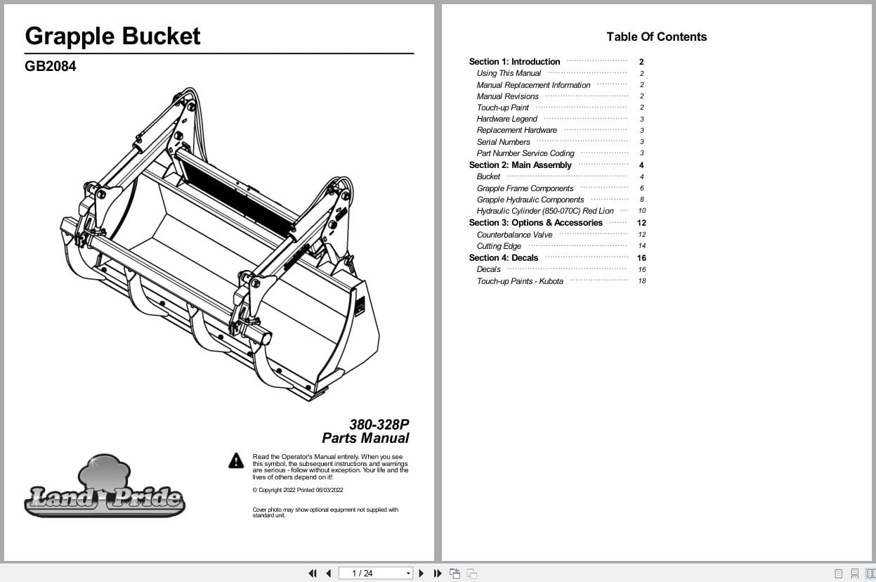 Land Pride Grapple Bucket GB2084 Parts Manual 380 328P (1)