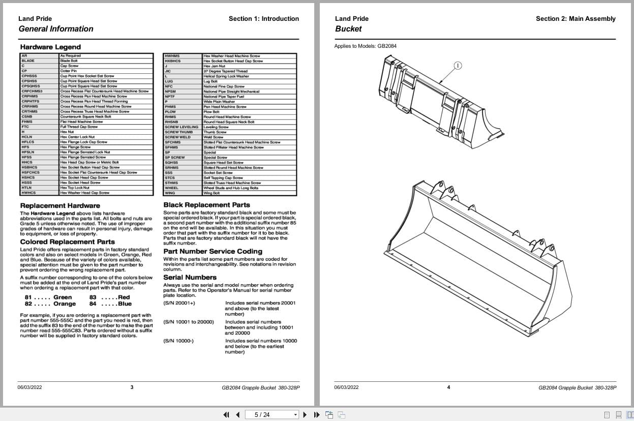 Land Pride Grapple Bucket GB2084 Parts Manual 380 328P (2)