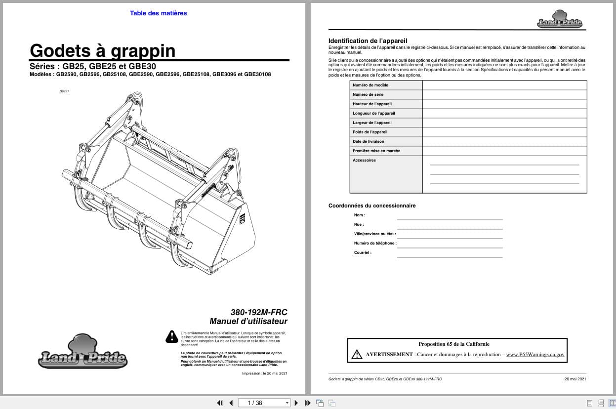 Land Pride Grapple Bucket GB25 GBE25 GBE30 Series Operator Manual 380 192M FRC FR (1)