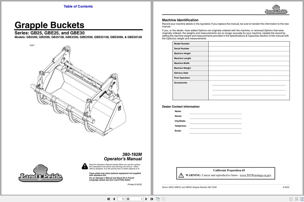 Land Pride Grapple Buckets GB25 GBE25 GBE30 Series Operation Manual 380 192M (1)
