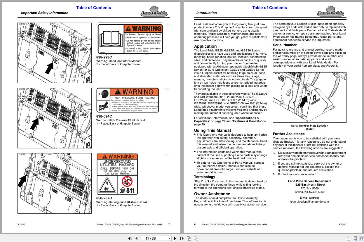Land Pride Grapple Buckets GB25 GBE25 GBE30 Series Operation Manual 380 192M (2)