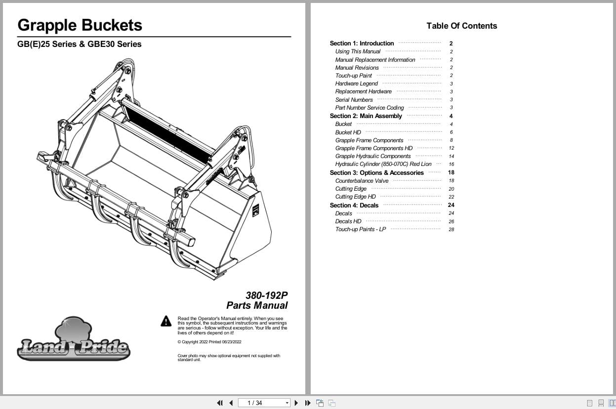 Land Pride Grapple Buckets GB25 GBE25 GBE30 Series Parts Manual 380 192P (1)