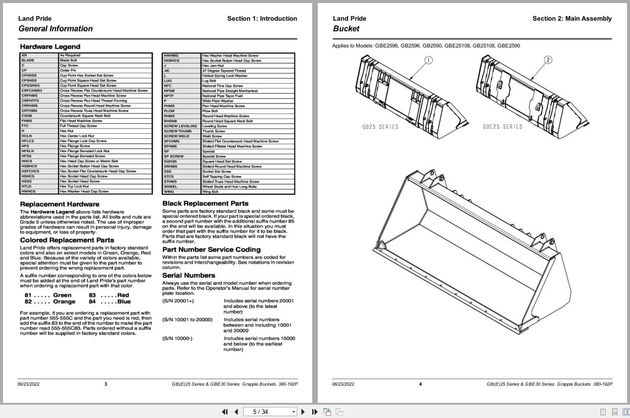 Land Pride Grapple Buckets GB25 GBE25 GBE30 Series Parts Manual 380 192P (2)