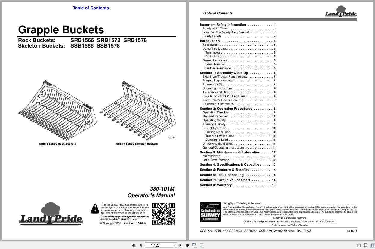 Land Pride Grapple Buckets SRB1566 to SSB1578 Operation Manual 380 101M (1)