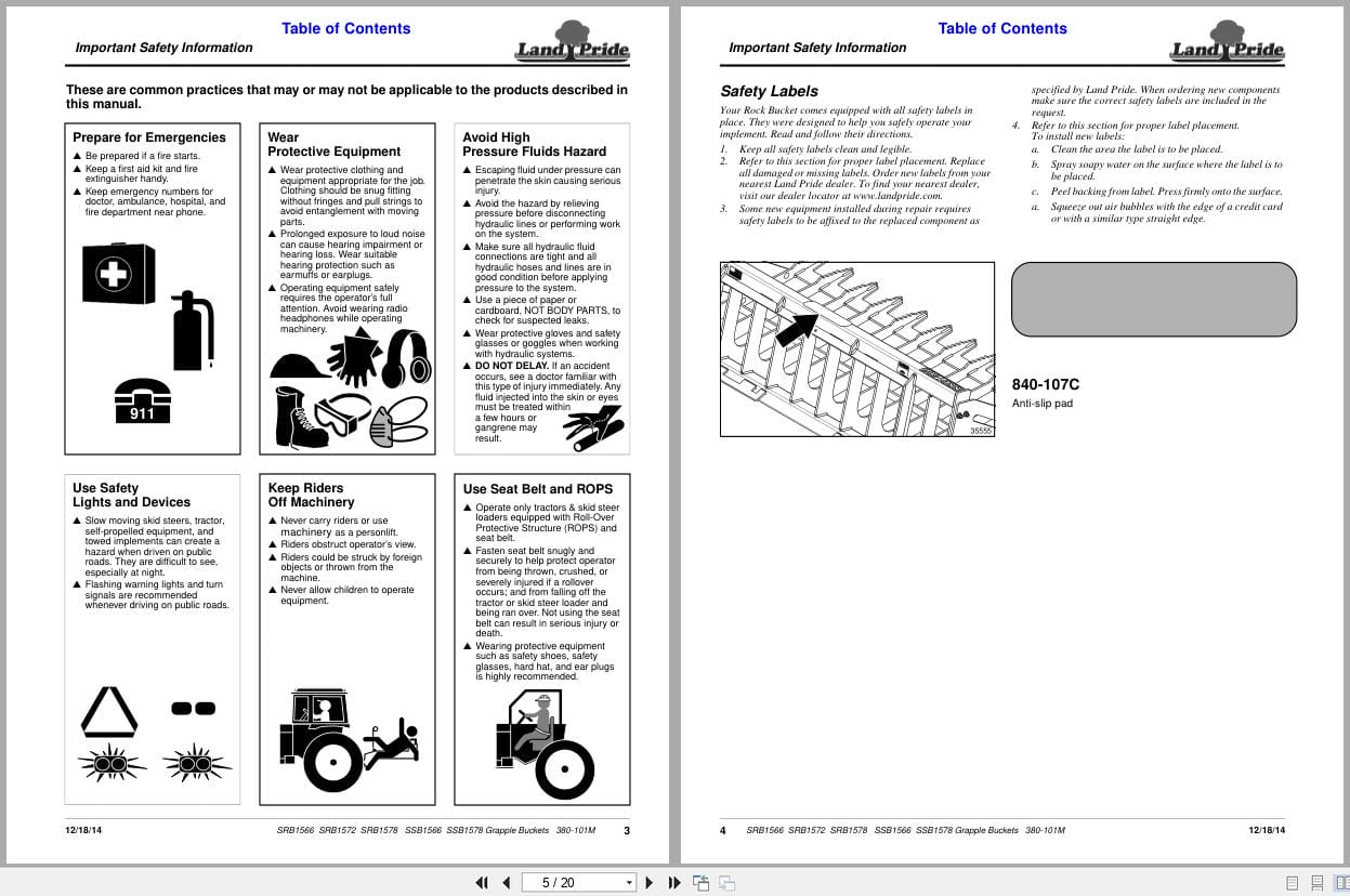 Land Pride Grapple Buckets SRB1566 to SSB1578 Operation Manual 380 101M (2)