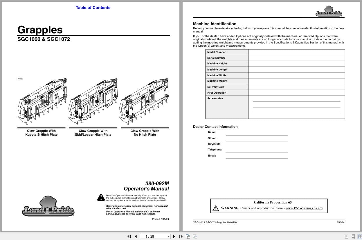 Land Pride Grapples SGC1060 SGC1072 Operation Manual 380 092M (1)