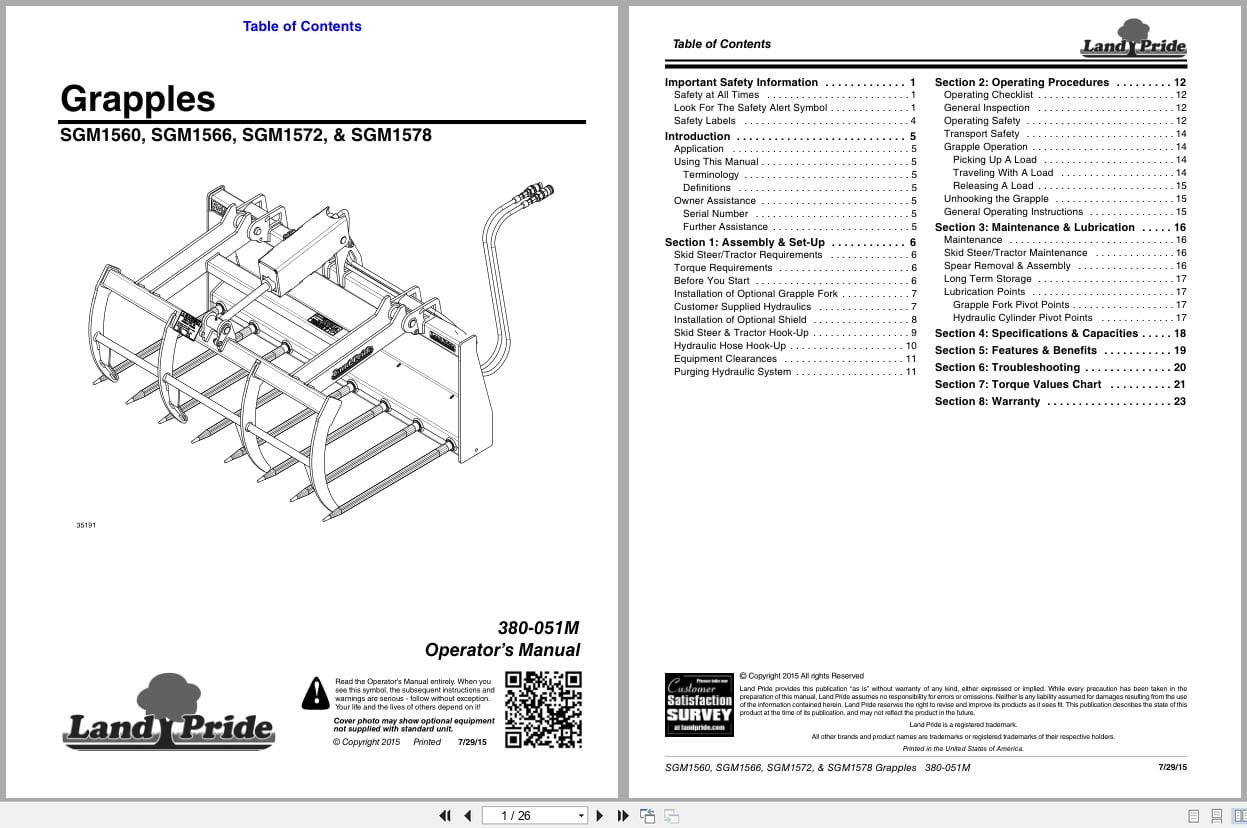 Land Pride Grapples SGM1560 to SGM1578 Operation Manual 380 051M (1)