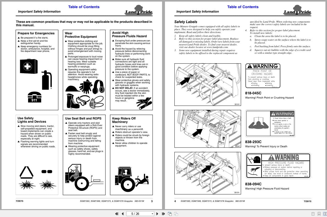 Land Pride Grapples SGM1560 to SGM1578 Operation Manual 380 051M (2)