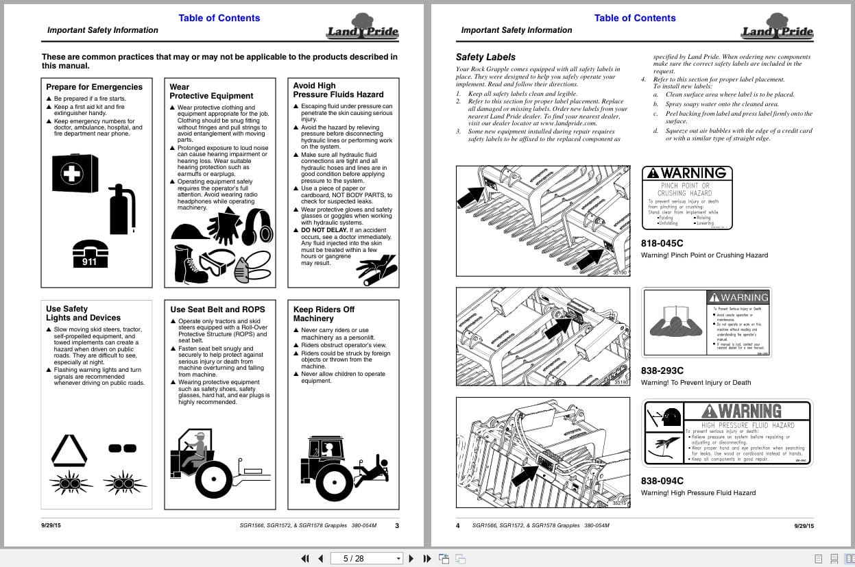 Land Pride Grapples SGR1566 SGR1572 SGR1578 Operation Manual 380 054M (2)
