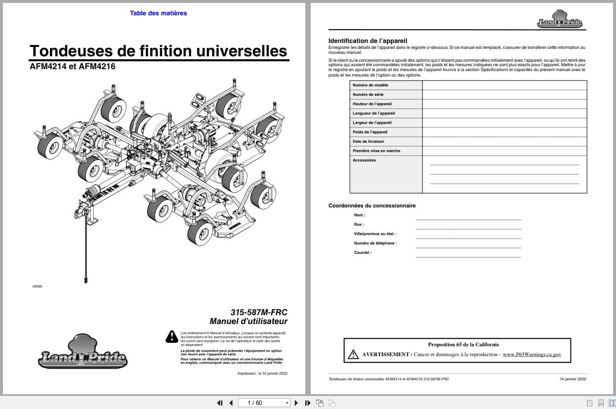 Land Pride Grooming Mowers AFM4214 AFM4216 Operator Manual 315 587M FRC FR (1)