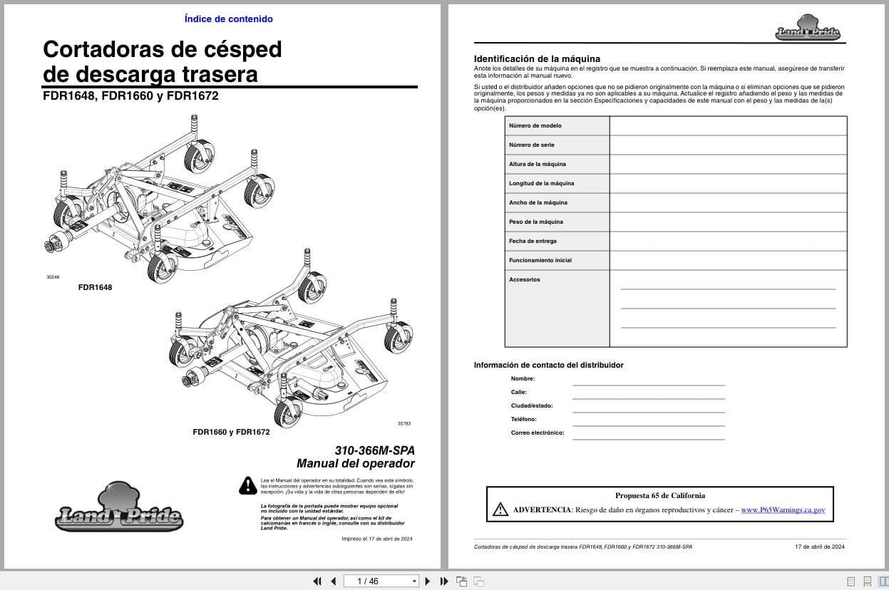 Land Pride Grooming Mowers FDR1648 FDR1660 FDR1672 Operator Manual 310 366M SPA ES (1)