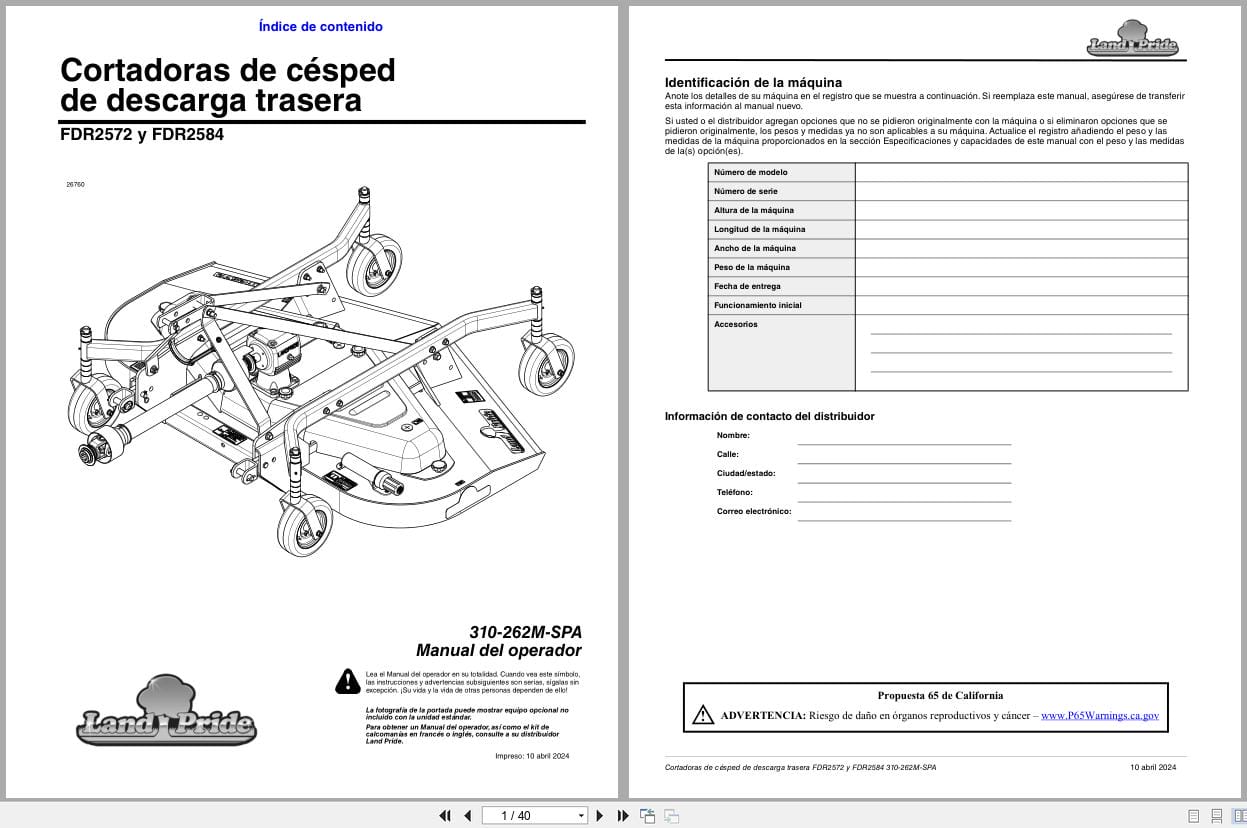 Land Pride Grooming Mowers FDR2572 FDR2584 Operator Manual 310 262M SPA ES (1)