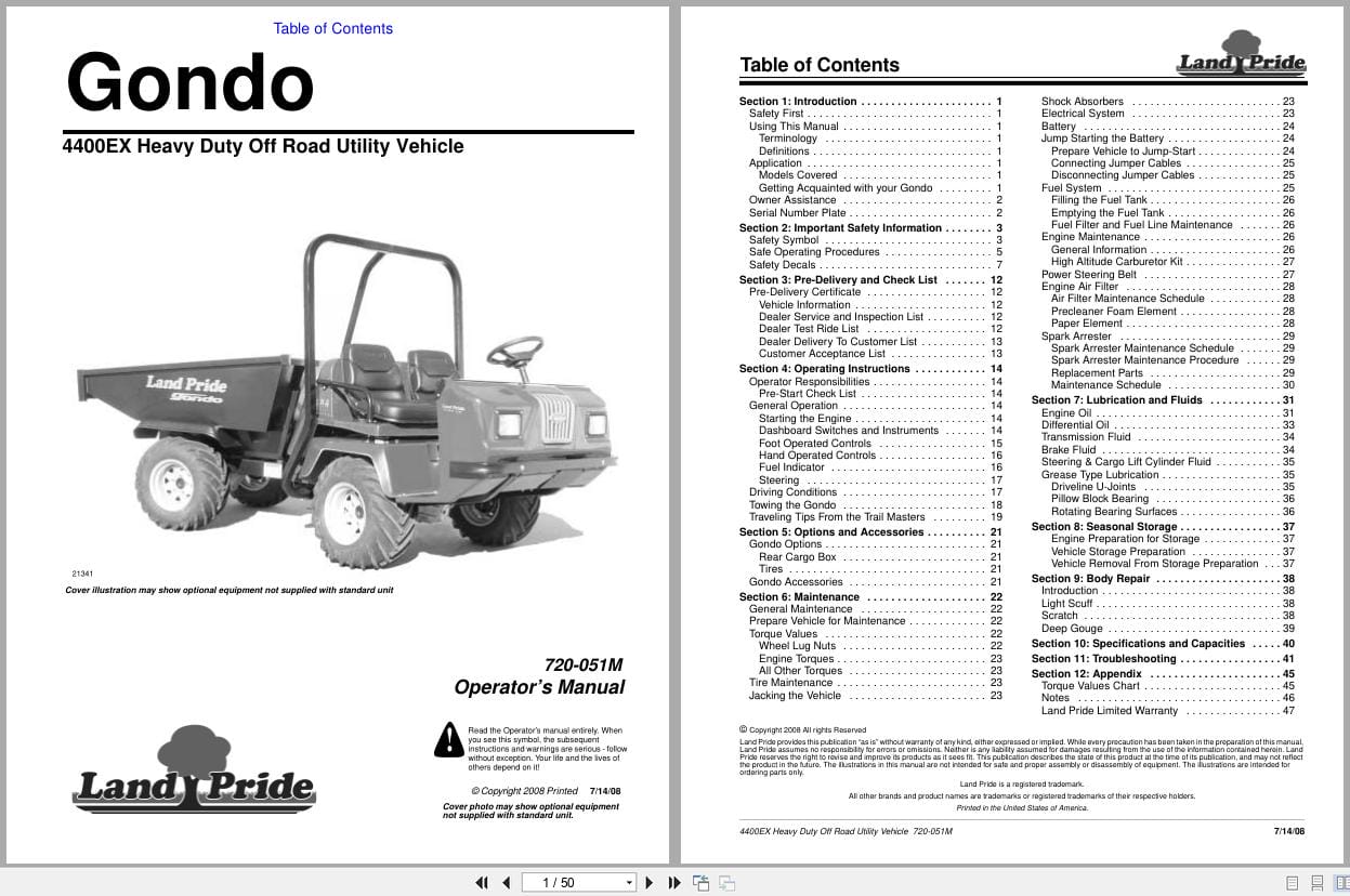 Land Pride Heavy Duty Off Road Utility Vehicle Gondo 4400EX Operator Manual 720 051M (1)